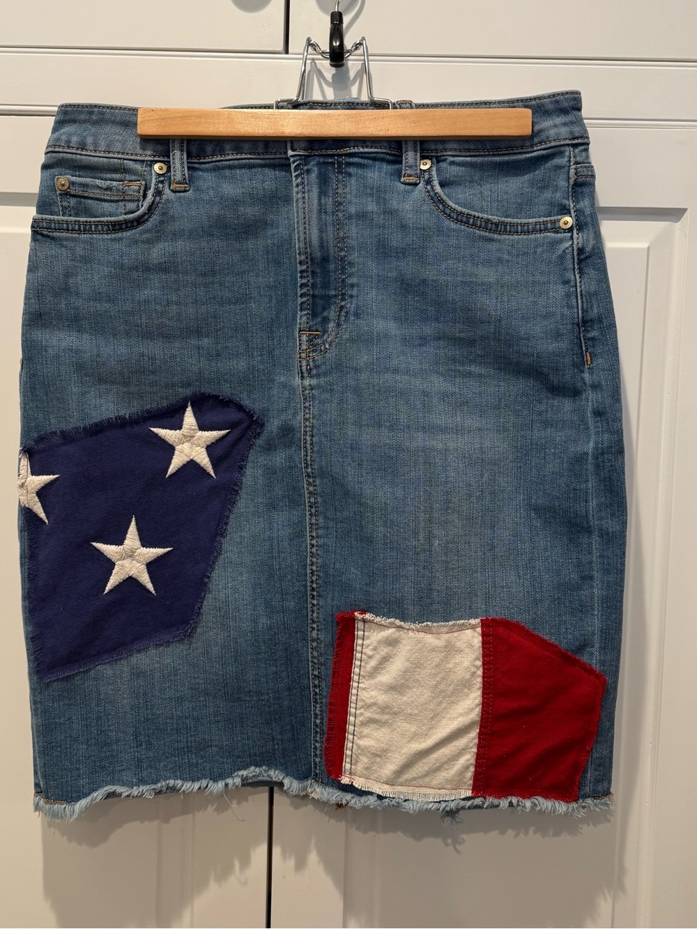 7 For All Mankind Denim Pencil Skirt with Vintage US Flag Patches & Frayed Hem